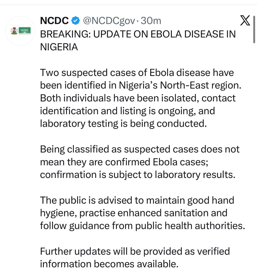 Two suspected Ebola cases identified in North East- NCDC
